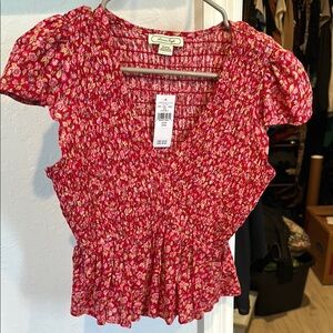 American Eagle Outfitters Red Smocked Peplum Blouse
